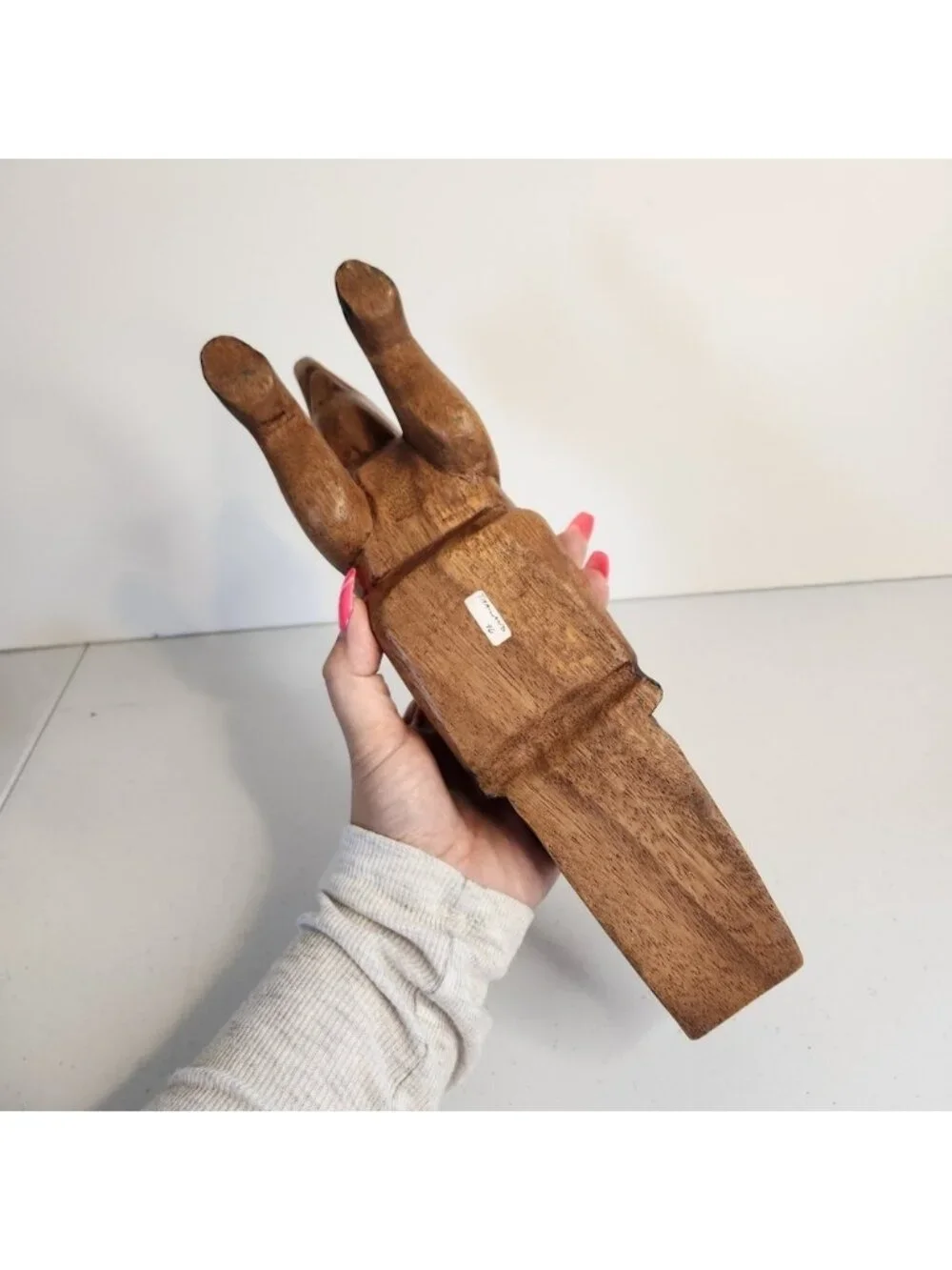 Vintage Wood Elephant Hand Carved Door Wedge Stopper Raised Trunk Up Boho 1970s